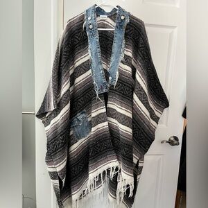 Boho Baja Poncho Sweater with Denim Trim & Fringe | Oversized Blanket Cardigan